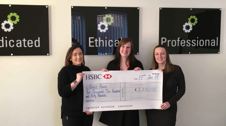 Pictured: Kayla & Louise from NC Insurance present Laura Forbes from Grace House a cheque for £2,250.